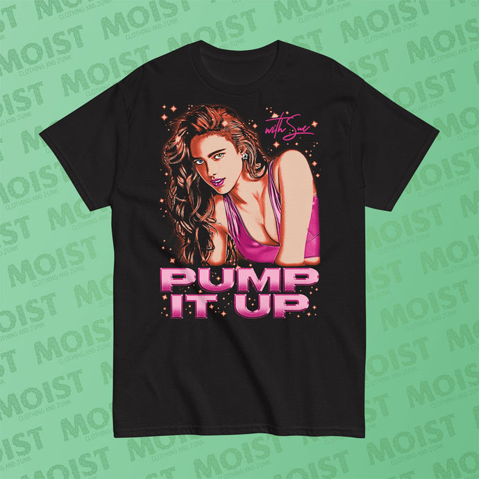 pump it up with sue the substance movie vintage shirt design front print on black gildan shirt maragaret qualley 